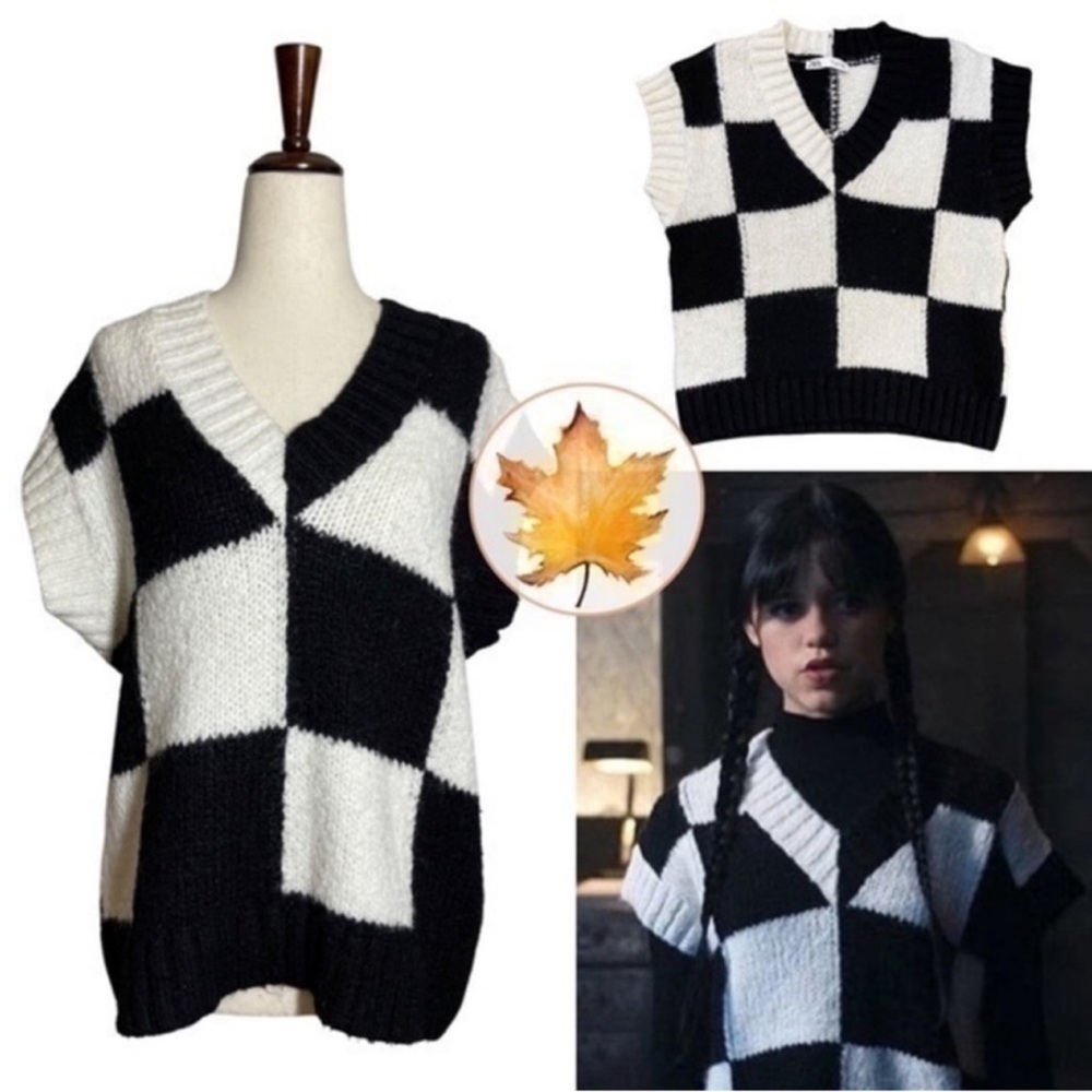 Zara • Checkerboard Checker Sweater Vest M ASO Wednesday Addams